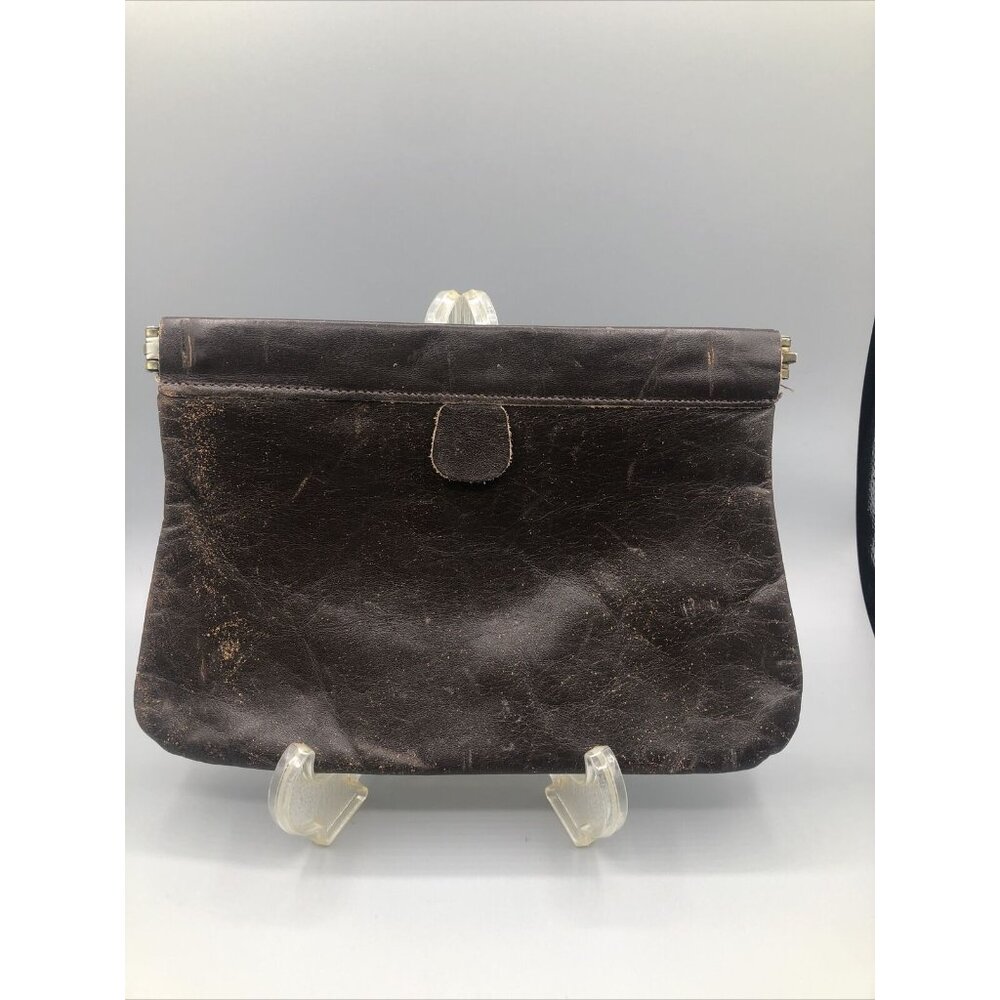Vintage Dark Brown Genuine Leather Clutch Bag Purse Open Hinge - Picture 2 of 8